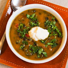 Spicy Butternut Squash Soup with Black Beans, Red Bell Pepper, and Cilantro