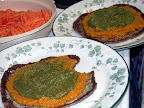 Raw bread topped with tahini, spicy sweet potato pate, and a spicy pate made by our friend Stacey. SO GOOD.