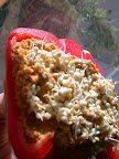 Bell pepper boat filled with nut/veggie pate and topped with quinoa sprouts