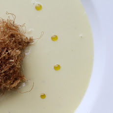 Corn and potato leek soup with beer battered corn silk