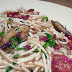 Pasta with Fried Artichoke Chips, Pancetta, Roasted Tomatoes and Lemon Breadcrumbs