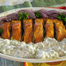 Mayo Tzatziki Served Over Roasted Salmon With Anchovies