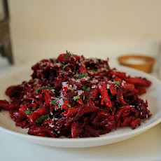 Red Beet Fusilli with Balsamic, Poppy Seeds and Mint