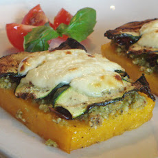 Grilled Polenta with Almond Pesto, Dried Tomatoes and Zucchini