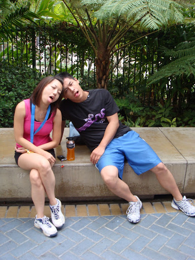 jen & charles waiting to eat at goofys kitchen after the race.