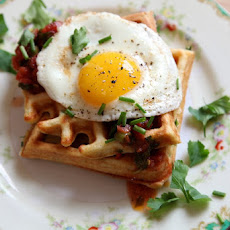 Savory Cornmeal and Chive Waffles with salsa and eggs