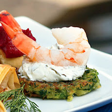 Shrimp with Zucchini Fritters and Grape-Leaf Spread