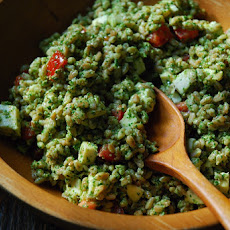 Farro & Fresh Mozzarella Salad with Arugula Walnut Pesto