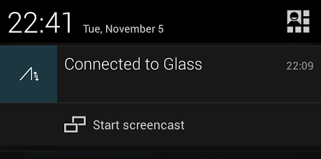 The Glass notification and screencast shortcut from an Android notification drawer.