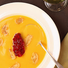 Pumpkin Soup with Cranberry Compote and Roasted Chestnuts