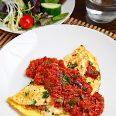 Italian Sausage and Roasted Red Pepper Omelette Topped with Marinara Sauce