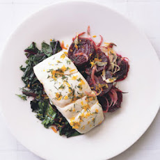 Halibut with Roasted Beets, Beet Greens, and Dill-Orange Gremolata