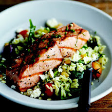 Grilled Salmon with Orzo, Feta, and Red Wine Vinaigrette