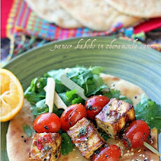 Homemade Grilled Paneer Kabobs in Moroccan Chermoula Sauce
