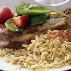 Pork Chops with Balsamic Strawberry Salad and Pine Nut Orzo
