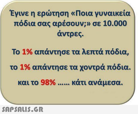 Έγινε η ερώτηση «Ποια γυναικεία πόδια σας αρέσουν;» σε 10.000 άντρες. Το 1% απάντησε τα λεπτά πόδια, το 1% απάντησε τα χοντρά πόδια. και το 98% κάτι ανάμεσα.