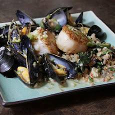 Coconut Mussels and Scallops on Gingered Farro with Kale
