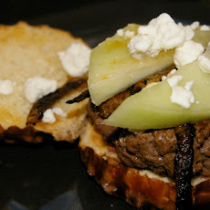 Vidalia Onion Burger with Honeydew Melon, Caramelized Onions and Goat Cheese