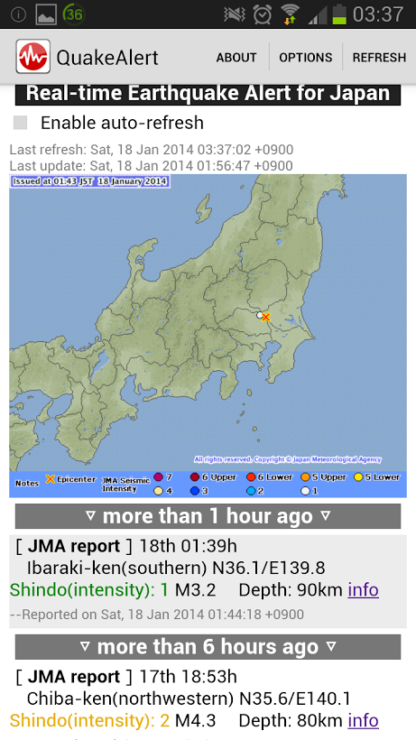 Android application Japan Real-Time Quake Alert ++ screenshort