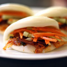 Bacon and Kimchi Steamed Buns with Carrot and Cucumber Slaw