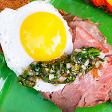 Picnic Crostini with Roast Beef, Chimichurri, and Quail Egg