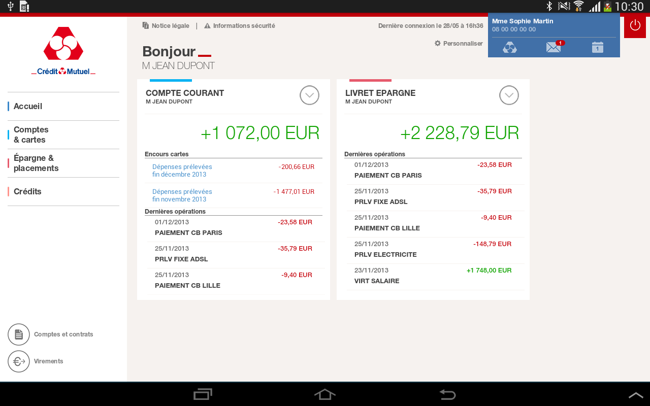 Android application Crédit Mutuel pour Tablettes screenshort