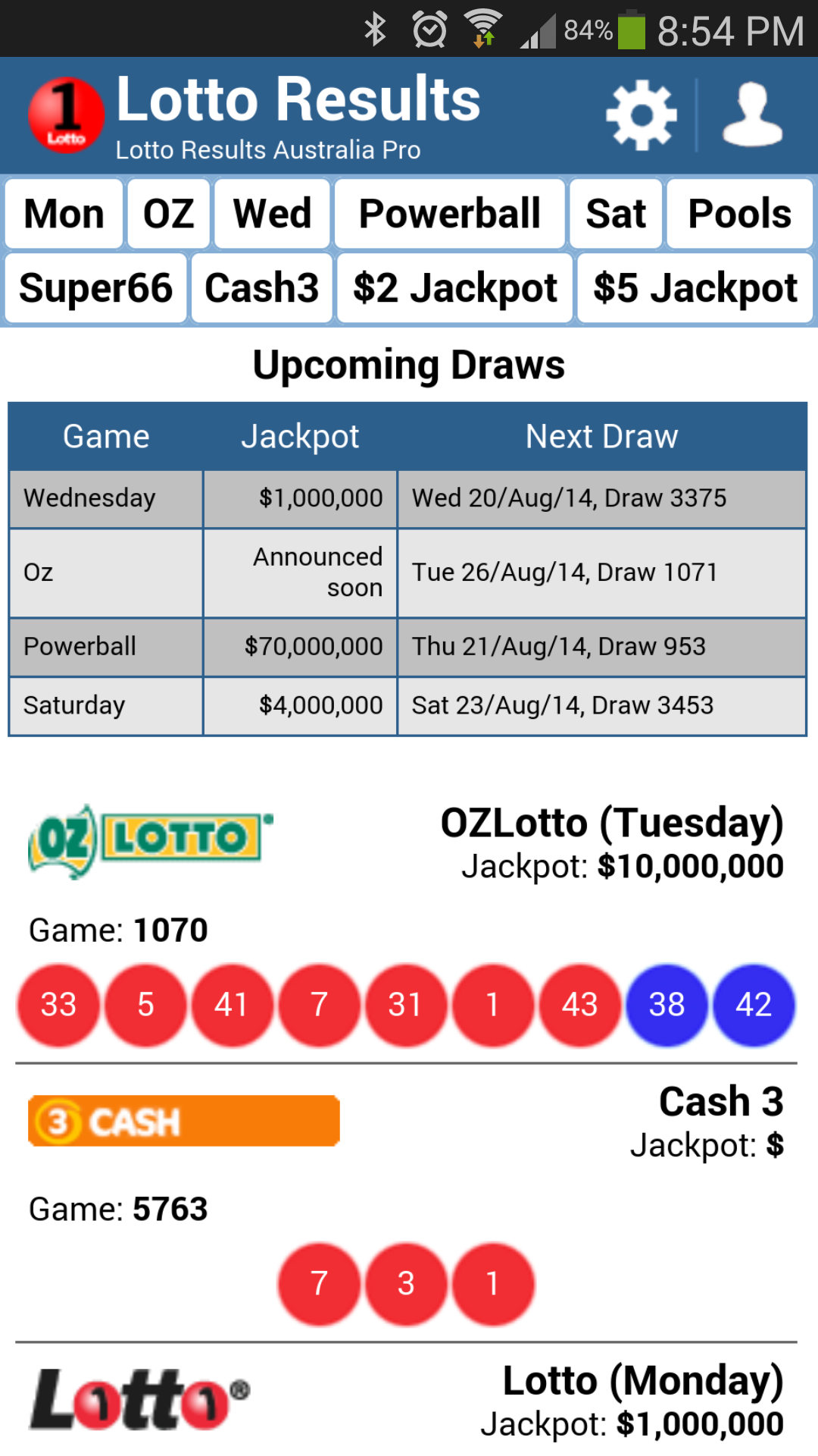 Android application Lotto Results Australia Pro screenshort