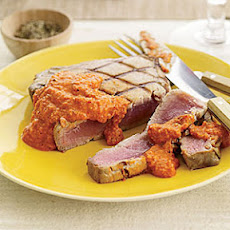 Grilled Tuna with Smoked-Almond Romesco Sauce