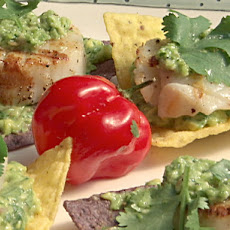 Grilled Sea Scallops on Tortilla Chips with Avocado Puree and Jalapeno Pesto