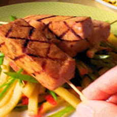 Grilled Ham Steak Kabobs with Peach Slaw