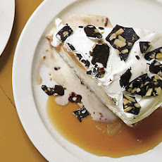 Pumpkin Ice Cream Pie with Chocolate-Almond Bark and Toffee Sauce