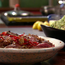 Spinach-Feta Rice Pilaf, Steak with Oregano Sauce and Broiled Tomatoes with Parlsey