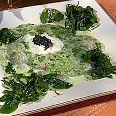 Poached Oysters in Herbsaint Cream with Black Pepper Creme Fraiche, Beluga Caviar, and Fried Spinach