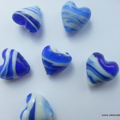 Lampwork Heart Beads In Blue and White  x10