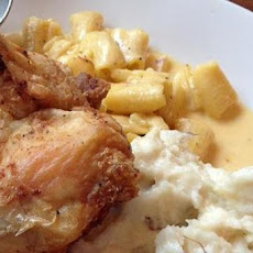Kid Pleasin' Fried Chicken and Quince Jelly over Macaroni and Cheese and Mashed Potatoes