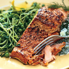 Salmon with Peas, Pea Tendrils, and Dill-Cucumber Sauce