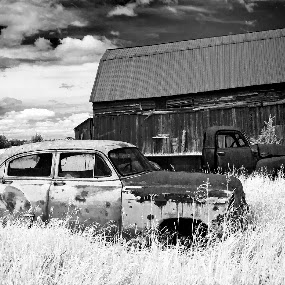 Very Old Cars (in infrared) by Rachel Bilodeau - Transportation Automobiles