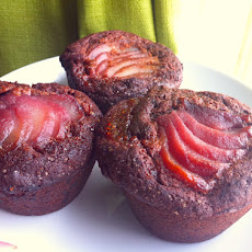 Poached Pear Chocolate Muffins with a Raspberry Swirl