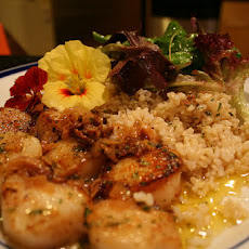 Seared Scallops on Wilted Watercress with Champagne Butter Sauce, and Parmesan Crisps