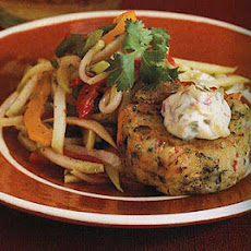 Shrimp and Sweet Potato Cakes with Chayote Slaw and Chipotle Sauce