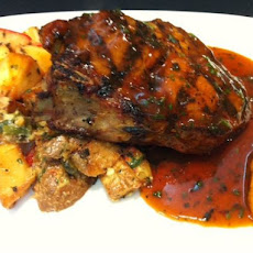 Grilled Pork Chop with Rosemary Teriyaki Butter Glaze, Fingerling Potatoes