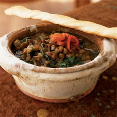 Lentil and Spinach Soup with Roasted Red Pepper and Pomegranate Molasses