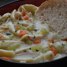 Chicken Noodle Soup over Mashed Potatoes