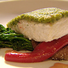 Brioche and Pesto Crusted Halibut with Portobello Caps, Broccoli, Creamed Fennel and Sun-Dried Tomato Beurre Blanc