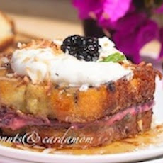 Blueberry Pound Cake Stuffed French Toast with Toasted Coconut and Blackberries