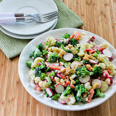 Barely Blanched Broccoli and Cauliflower Salad with Red Bell Pepper, Radishes, Red Onion, and Cashews