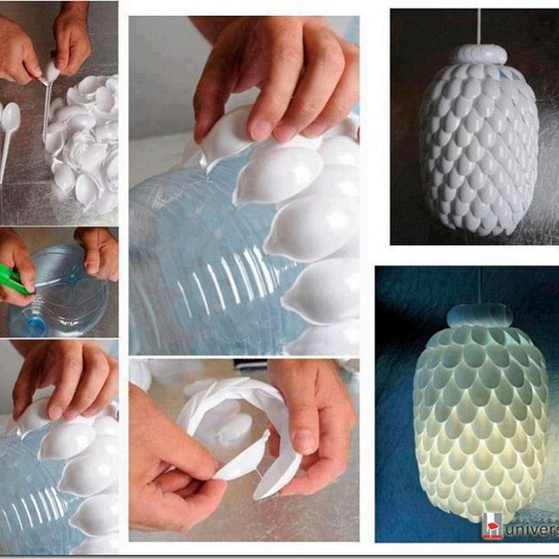 Lámpara reciclada de cucharitas y botella de plástico