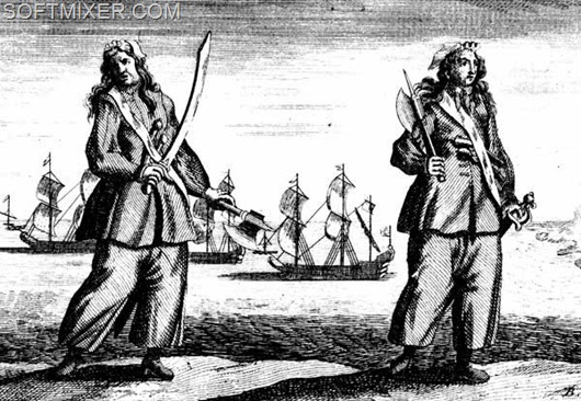 PIRATES, 1724.  'Pirates Ann Bonny and Mary Read convicted of piracy, 28 November 1720, at a Court of Vice Admiralty held at St. Jago de la Vega in island of Jamaica.' Line engraving, English, 1724.