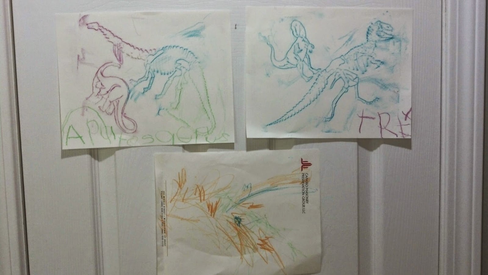 Kyla, Kora, & Kaleb Stelma Fossil rubbings (Kyla's Apatosaurus & TRex