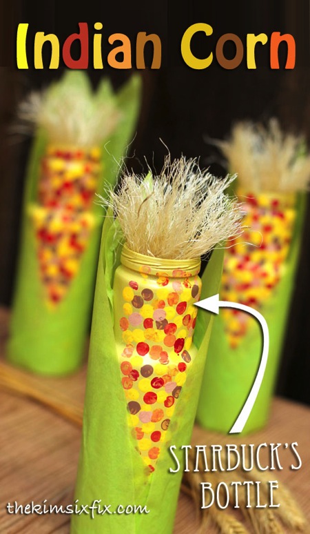 Transform a Starbuck's Iced Coffee Bottle into this adorable Indian Corn craft (perfect for Thanksgiving)  A kid friendly project!